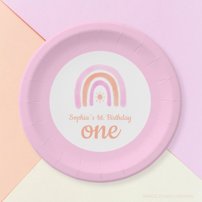Plato De Papel Primer partido de cumpleaños del Chica arcoiris (Cute One 1st Birthday Rainbow Baby Girl Paper Plates)