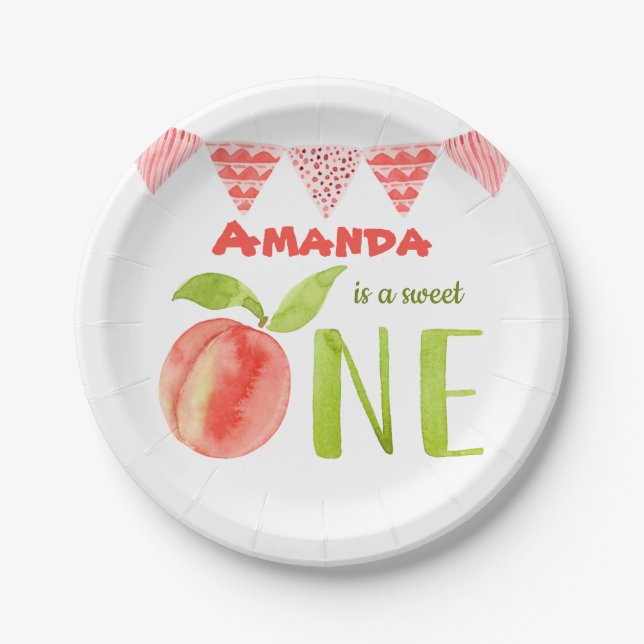 Plato De Papel Primer Peach de acuarela de cumpleaños  (Anverso)