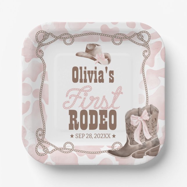 Plato De Papel Primer Rodeo 1er Cumpleaños Rosa Polvoriento (Anverso)