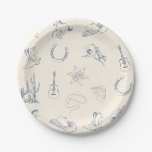 Plato De Papel Primer Rodeo Cowboy Occidental Birthday Blue Neutr