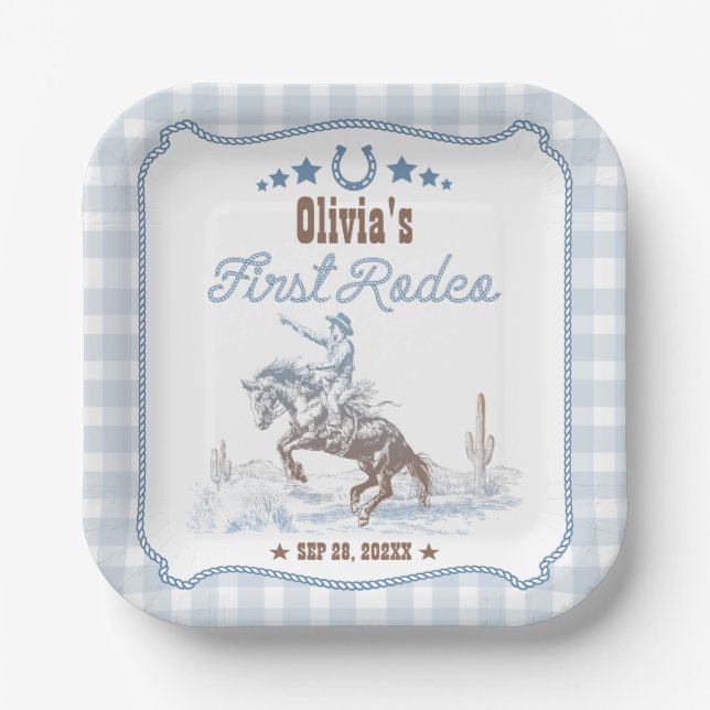 Plato De Papel Primer Rodeo Cumpleaños 1º Azul Occidental (Anverso)