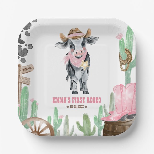 Plato De Papel Primer Rodeo Cumpleaños 1 Bebé Vaca (Anverso)