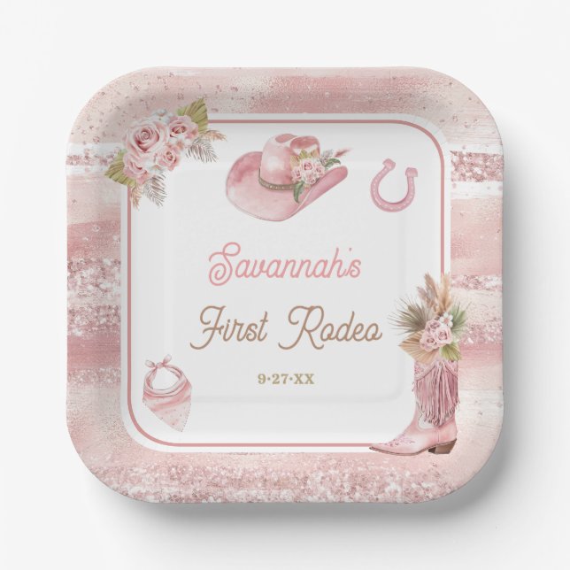 Plato De Papel Primer rodeo del Boho rosado, primer cumpleaños (Anverso)