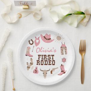 Plato De Papel Primer Rodeo Pink Western Cowboy Cumpleaños 1