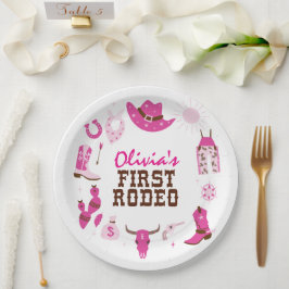 Plato De Papel Primer Rodeo Pink Western Cowboy Cumpleaños 1