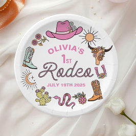 Plato De Papel Primer Rodeo Pink Western Cowboy Cumpleaños 1