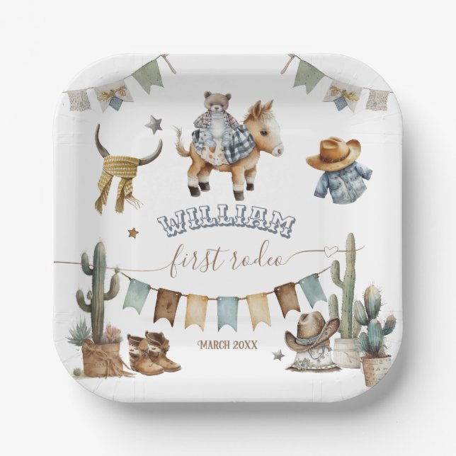 Plato De Papel Primer rodeo Wild West Welcome Boy 1er cumpleaños (Anverso)
