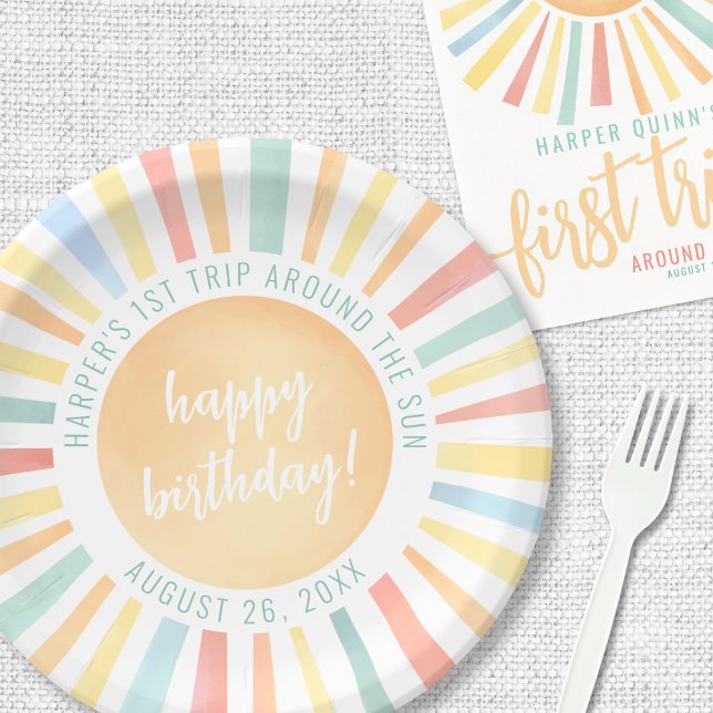 Plato De Papel Primer viaje alrededor del Fiesta del primer cumpl (First Trip Around The Sun 1st Birthday Party Paper Plates)