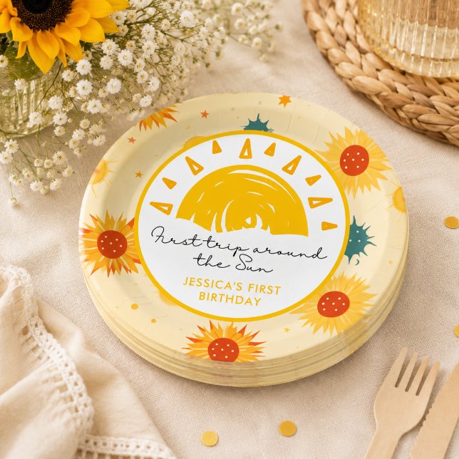 Plato De Papel Primer viaje alrededor del Sol 1er Cumpleaños (First Trip Around the Sun 1st Birthday Paper Plates)