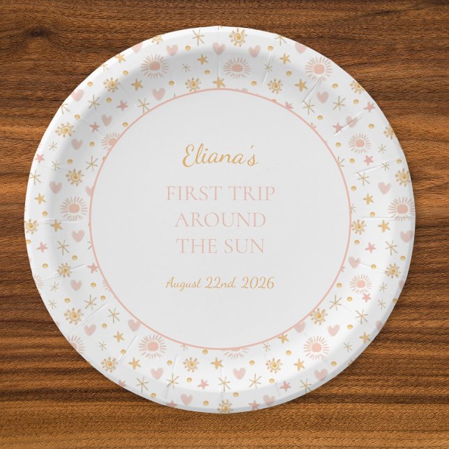 Plato De Papel "Primer viaje por el sol" de niños pequeños (Celebrate the first trip around the sun with these cheerful, sunshine-themed birthday party plates!)