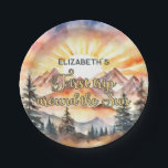 Plato De Papel Primer viaje por la naturaleza del Boho del primer<br><div class="desc">Boho y rústico diseño de primer cumpleaños neutral de género "Primer viaje alrededor del sol" con un paisaje de acuarela con montañas,  abetos y un sol naciente.</div>