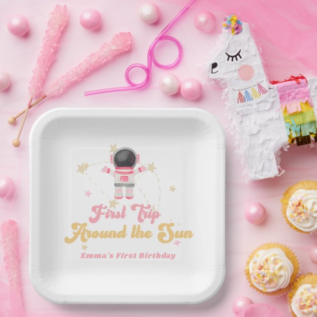 Plato De Papel Primer viaje rosado alrededor del primer cumpleaño (Fiesta)