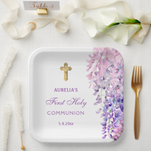 Plato De Papel Primera Comunión Acuarela Wisteria