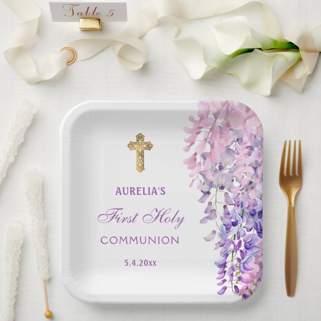 Plato De Papel Primera Comunión Acuarela Wisteria (Boda)