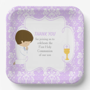Plato De Papel Primera comunión Brunette Boy Purple Damask