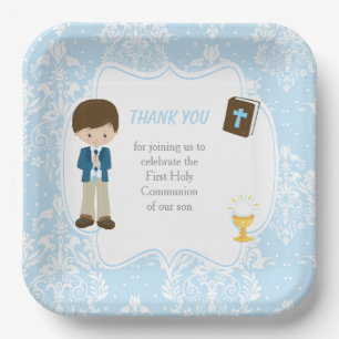 Plato De Papel Primera Comunión Brunette Hair Boy Gracias