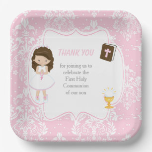 Plato De Papel Primera Comunión Brunette Hair Chica Gracias
