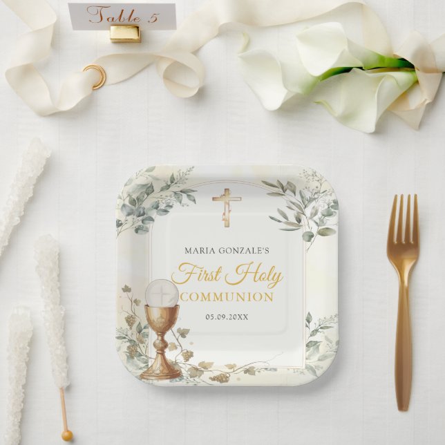 Plato De Papel Primera Comunión Cruz de Oro (Boda)