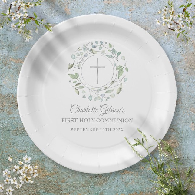 Plato De Papel Primera Comunión Cruz de Plata Verdor (First Holy Communion Silver Cross Greenery Paper Plates)