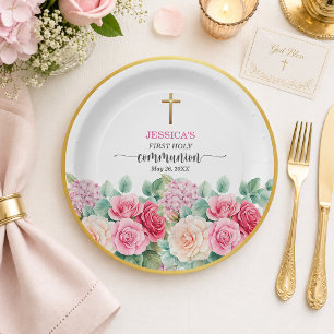Plato De Papel Primera Comunión de Niña Cruz de Oro Rosas Floral 