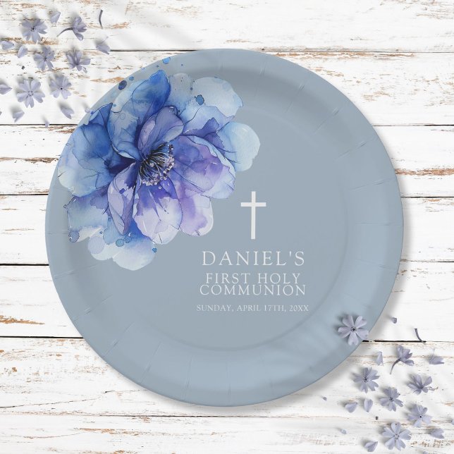 Plato De Papel Primera Comunión floral elegante en acuarela azul (Blue Elegant Watercolor Floral Holy Communion Paper Plates)