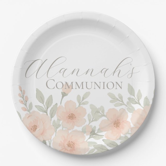 Plato De Papel Primera Comunión Floral Pastel Personalizada (Anverso)