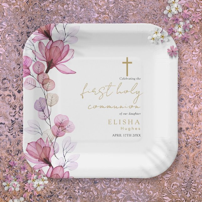 Plato De Papel Primera Comunión Floral Rosa Elegante (Elegant Pink Floral First Holy Communion Paper Plates)