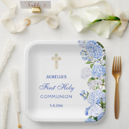 Plato De Papel Primera Comunión Hortensia Azul