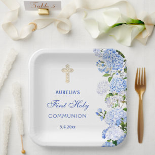 Plato De Papel Primera Comunión Hortensia Azul
