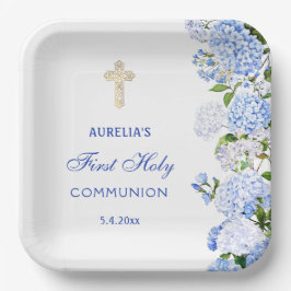 Plato De Papel Primera Comunión Hortensia Azul