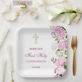 Plato De Papel Primera Comunión Hortensia Rosa