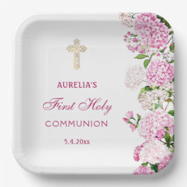 Plato De Papel Primera Comunión Hortensia Rosa
