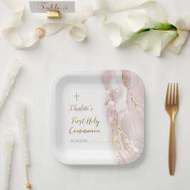 Plato De Papel primera comunión mármol fluido rosa