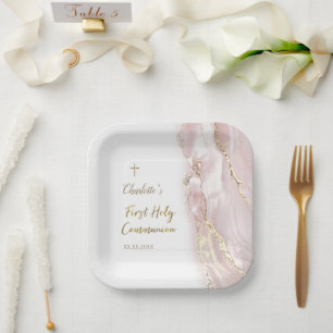 Plato De Papel primera comunión mármol fluido rosa