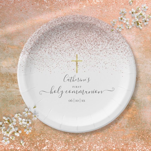 Plato De Papel Primera Comunión moderna con brillo de oro rosa (Modern Rose Gold Glitter First Holy Communion Paper Plates)