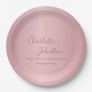 Plato De Papel Primera Comunión Moderna en Oro Rosa