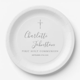 Plato De Papel Primera Comunión Moderna Letra Script Plata