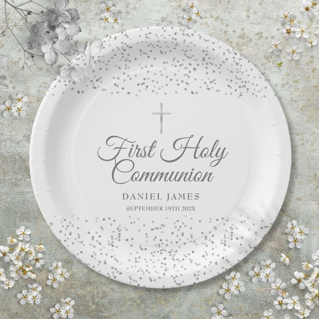 Plato De Papel Primera Comunión Moderna Plata Polvo de Estrellas (First Holy Communion Modern Silver Stardust Paper Plates)