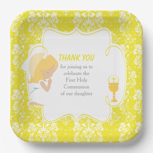 Plato De Papel Primera Comunión Niña Rubia Damask Amarillo (Anverso)