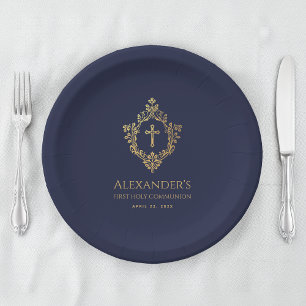 Plato De Papel Primera Comunión Niño Azul Marino Crest Dorado Ele