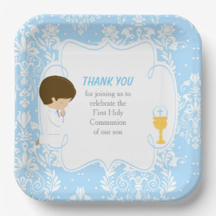 Plato De Papel Primera Comunión Niño Moreno Azul Damask