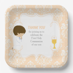 Plato De Papel Primera Comunión Niño Moreno Beige Damask