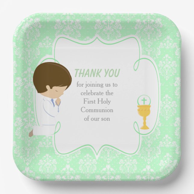 Plato De Papel Primera Comunión Niño Moreno Verde Damask (Anverso)