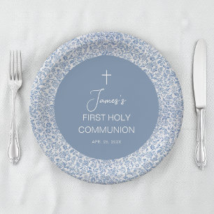 Plato De Papel Primera Comunión Niño Patrón Floral Azul y Blanco