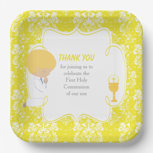 Plato De Papel Primera Comunión Niño Rubio Damask Amarillo (Anverso)