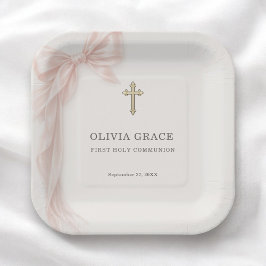 Plato De Papel Primera Comunión Rosa Coquette Bow Niña 