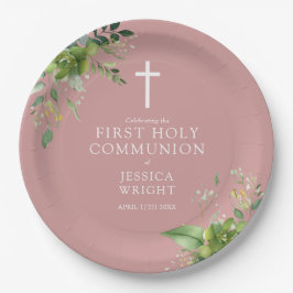 Plato De Papel Primera Comunión Rosa Polvoriento Verde