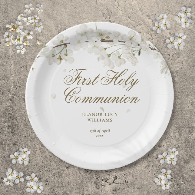 Plato De Papel Primera Comunión Sagrada Elegante Floral Blanca Bl (First Holy Communion Elegant White Blossom Floral Paper Plates)
