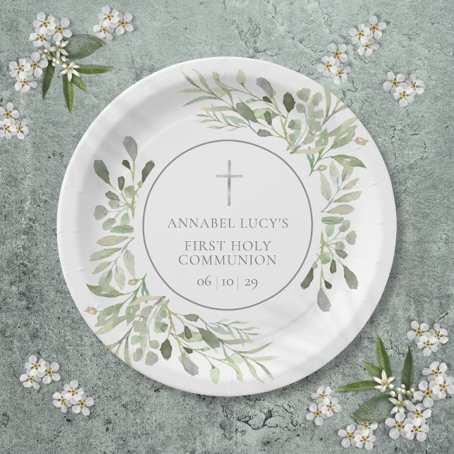 Plato De Papel Primera Comunión Verde Acuarela (Watercolor Greenery First Holy Communion Paper Plates)