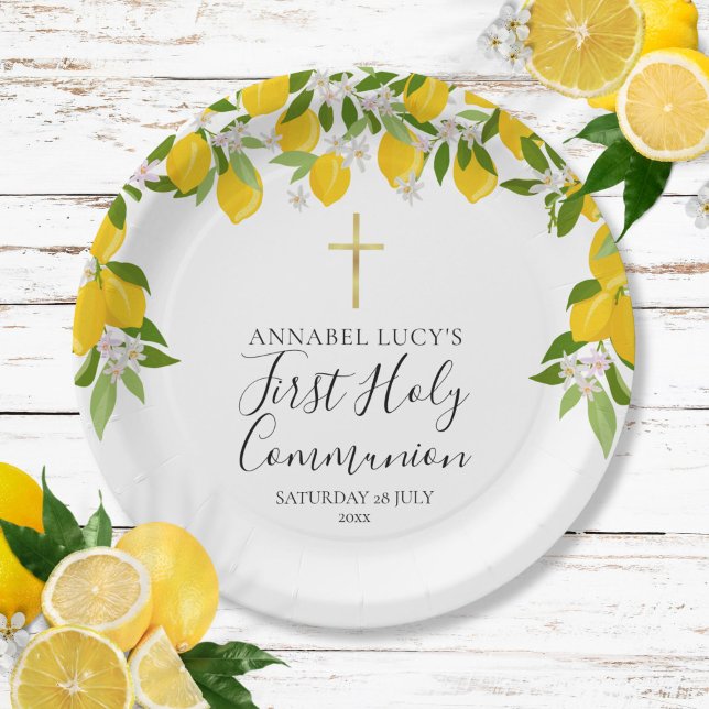 Plato De Papel Primera Comunión Verde Flor de Limón (Lemon Blossom Greenery First Holy Communion Paper Plates)